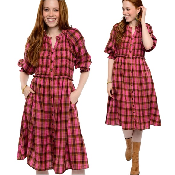 NEW! Uncle Frank By Ivy Jane BLUSHING PINK BERRY Plaid Gauze Smocked Dress SZ L - Picture 3 of 4